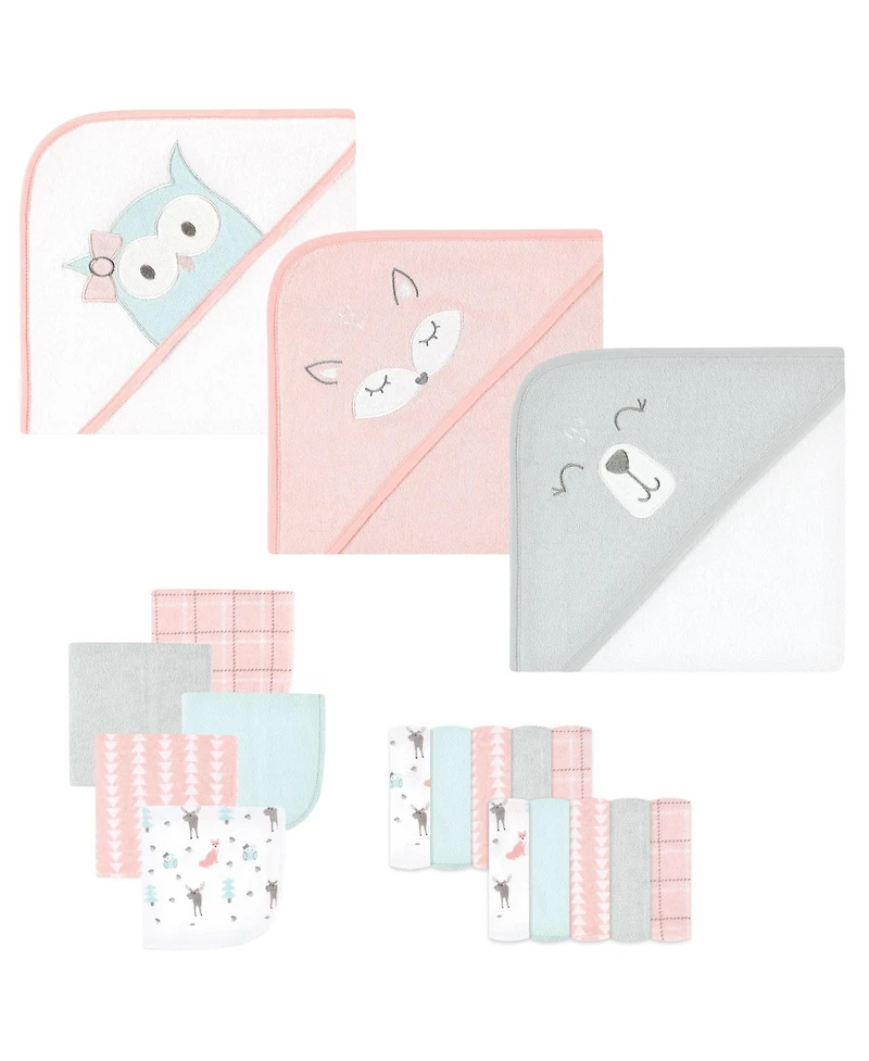 Hudson Baby Infant Girl Animal Hooded Towel 3pk and 15 Washcloths