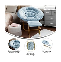 Emma+Oliver Ersa Oversize Folding Saucer Moon Chair And Ottoman For Dorm Bedroom With Steel Frames