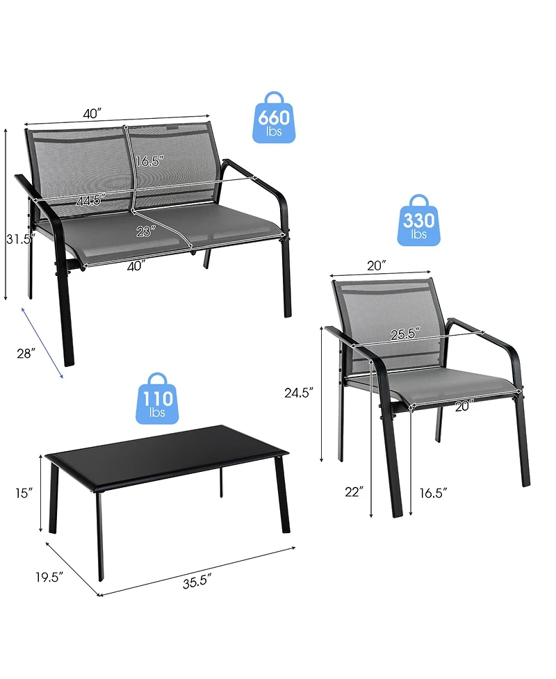 Gymax 4PCS Patio Conversation Futniture Set w/ Fabric and Anti-Rust Steel Frame Grey