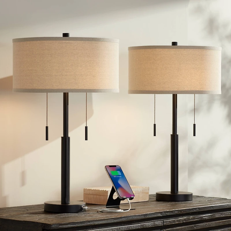 Franklin Iron Works Bernie Industrial Table Lamps 25" High Set of 2 Rich Bronze with Usb Charging Port Tan Drum Shade for Bedroom Living Room Bed
