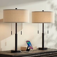 Franklin Iron Works Bernie Industrial Table Lamps 25" High Set of 2 Rich Bronze with Usb Charging Port Tan Drum Shade for Bedroom Living Room Bed