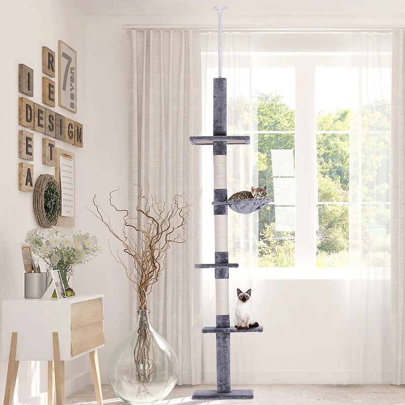 PawHut 8.5' Adjustable Floor-To-Ceiling Cat Tree w/ 5 Carpet Platforms,