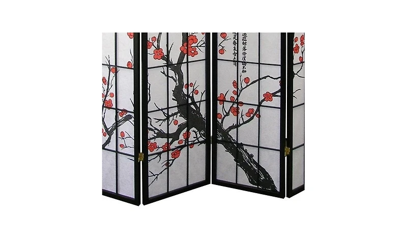 Black Japanese 4-Panel Screen Room Divider, Plum Blossom