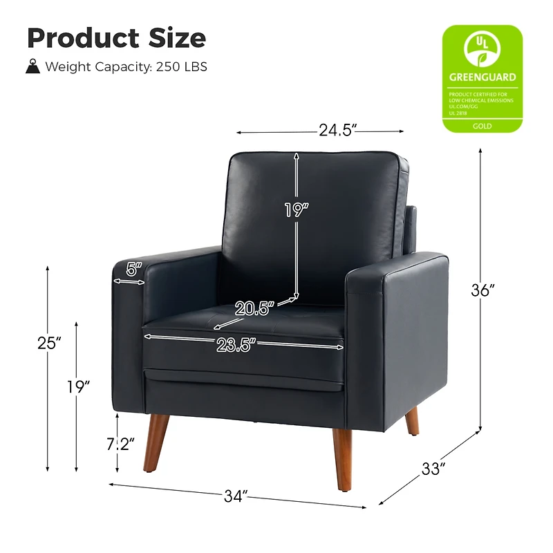 Mid-century Modern Elizabeth Genuine Leather Armchair with Wood Flared Legs