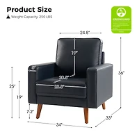 Mid-century Modern Elizabeth Genuine Leather Armchair with Wood Flared Legs