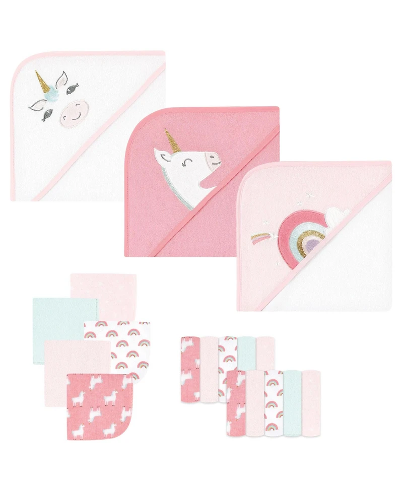 Hudson Baby Infant Girl Animal Hooded Towel 3pk and 15 Washcloths