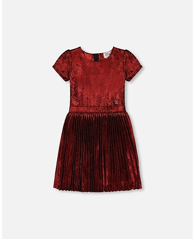 Deux par Deux Toddler Girls Short Sleeve Dress With Pleated Skirt Metallic Red