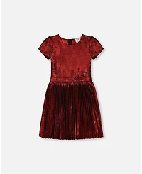 Deux par Deux Toddler Girls Short Sleeve Dress With Pleated Skirt Metallic Red
