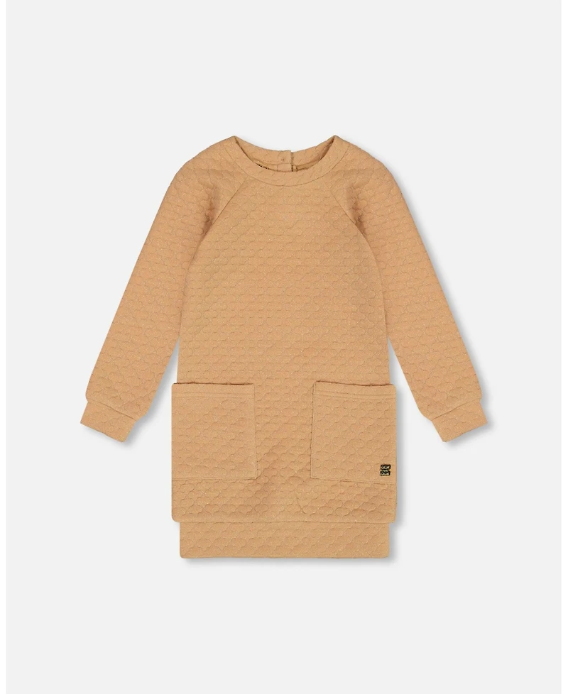 Deux par Deux Little Girls Long Sleeve Shiny Quilted Dress With Pocket Golden Brown - Toddler|Child