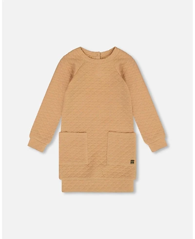 Deux par Deux Little Girls Long Sleeve Shiny Quilted Dress With Pocket Golden Brown - Toddler|Child