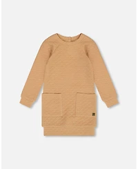 Deux par Deux Little Girls Long Sleeve Shiny Quilted Dress With Pocket Golden Brown - Toddler|Child