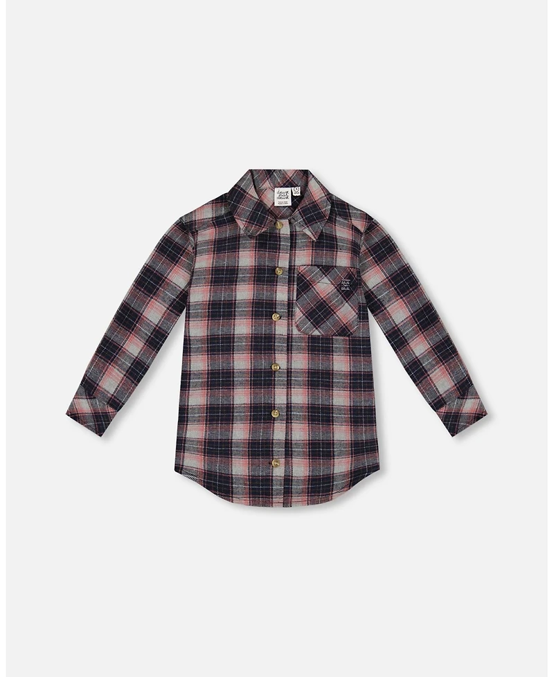 Deux par Deux Toddler Girls Long Sleeve Button Front Tunic Flannel Shirt Plaid Navy And Pink - Toddler|Child