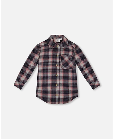 Deux par Deux Toddler Girls Long Sleeve Button Front Tunic Flannel Shirt Plaid Navy And Pink - Toddler|Child