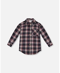 Deux par Deux Toddler Girls Long Sleeve Button Front Tunic Flannel Shirt Plaid Navy And Pink - Toddler|Child