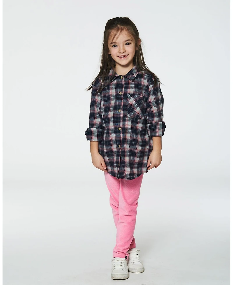 Deux par Deux Toddler Girls Long Sleeve Button Front Tunic Flannel Shirt Plaid Navy And Pink - Toddler|Child