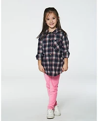 Deux par Deux Toddler Girls Long Sleeve Button Front Tunic Flannel Shirt Plaid Navy And Pink - Toddler|Child