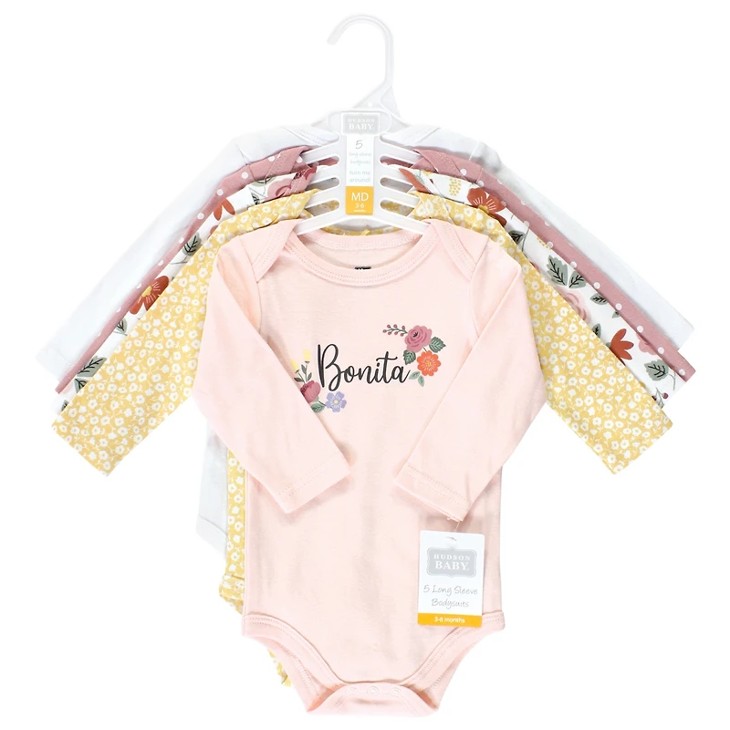 Hudson Baby Girls Cotton Long-Sleeve Bodysuits -Pack