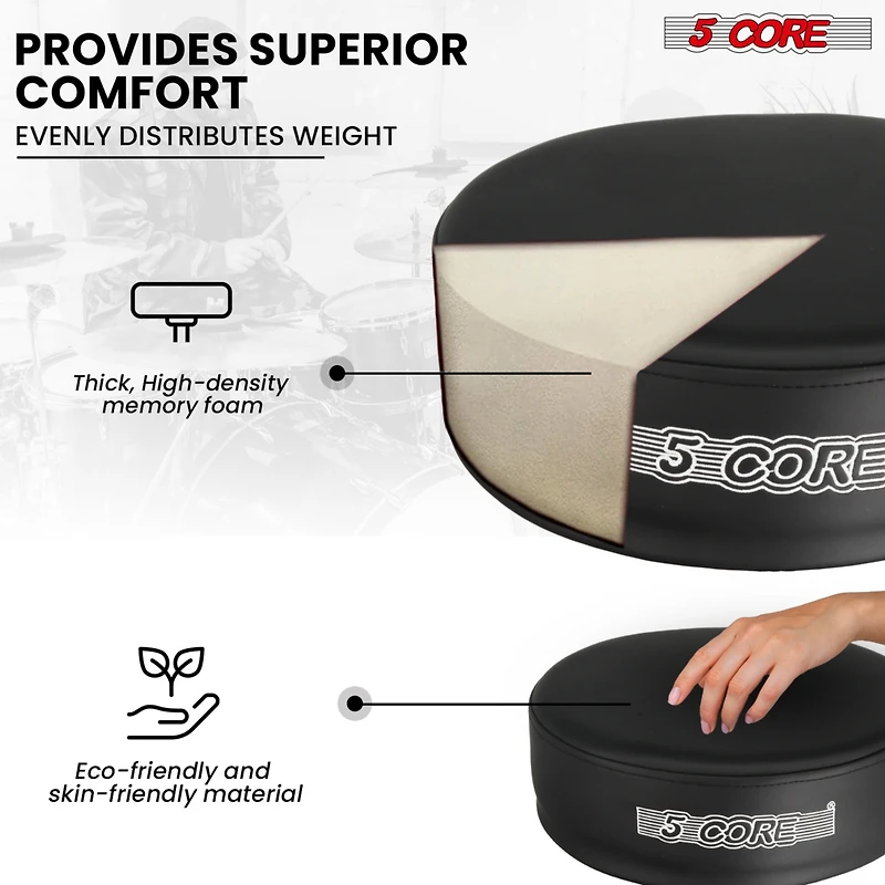5 Core Drum Throne Comfortable Height Adjustable Stool Thick Padded Seat Professional Heavy Duty Musician Drummer Chair 400 lbs Capacity for Adults An