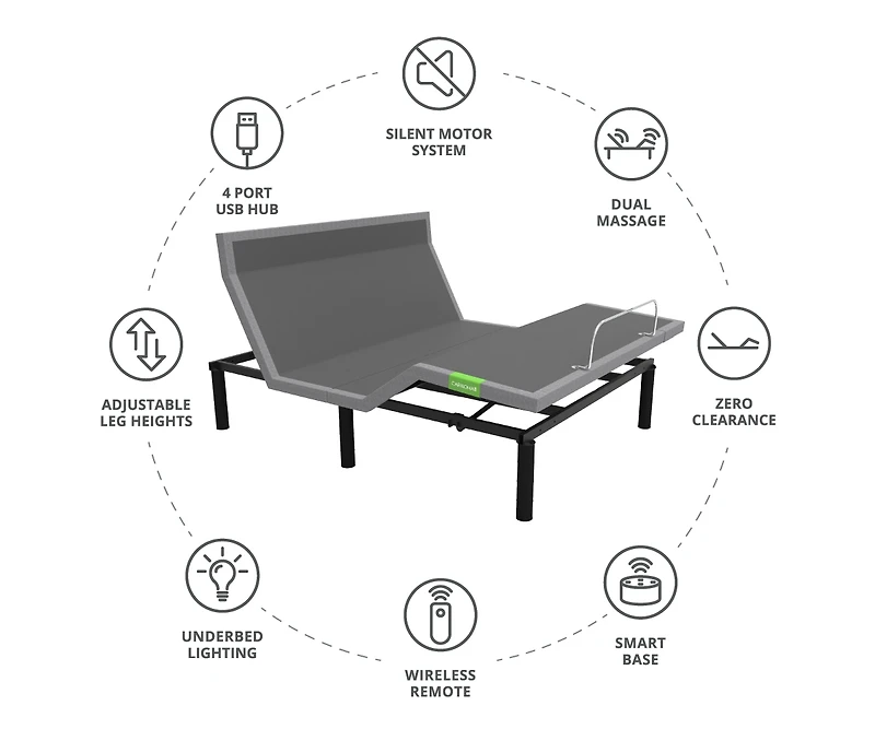 Cariloha Resort Adjustable Mattress Base | Queen | 6" X 9" X 12" | White | Viscose Material | Back, Head & Leg Adjustments, Adjustable Height, Wireles