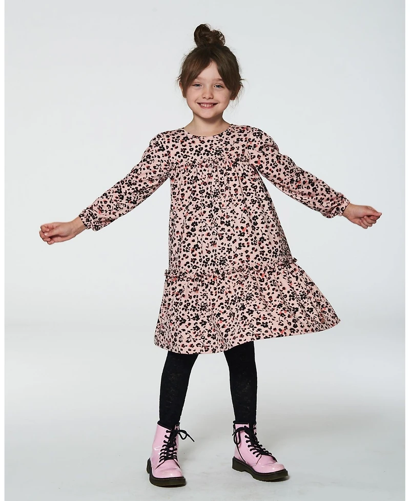 Deux par Deux Big Girls Long Sleeve Dress With Frills Pink Printed Leopard Flowers