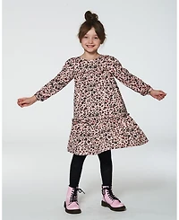 Deux par Deux Big Girls Long Sleeve Dress With Frills Pink Printed Leopard Flowers