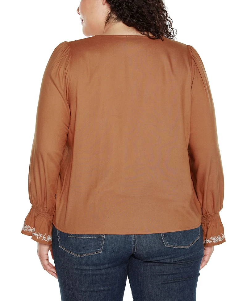 Belldini Black Label Plus Size Tie-Neck Embroidered-Front Blouse