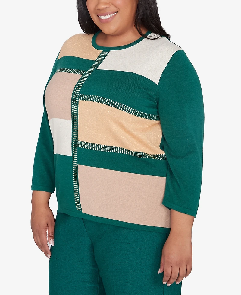 Alfred Dunner Plus Size Emerald Isle Colorblock Gold Trim Sweater