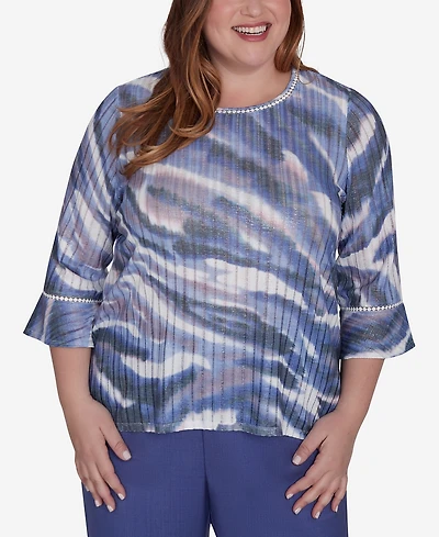 Alfred Dunner Plus Worth Avenue Watercolor Animal Stripe Bell Sleeve Top