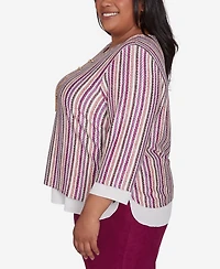 Alfred Dunner Plus Size Wine Country Metallic Stripe Top With Necklace