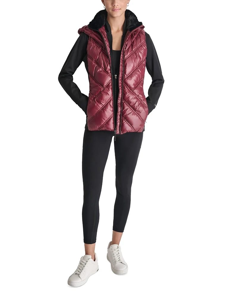 Dkny Women's Hooded Puffer Vest with Contrast Scuba and Teddy Faux Fur Collar