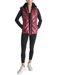 Dkny Women's Hooded Puffer Vest with Contrast Scuba and Teddy Faux Fur Collar