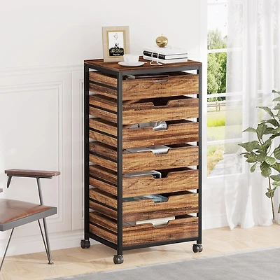 Tribesigns 7 Drawer Chest, Wood Storage Dresser Cabinet with Wheels, Industrial Storage Drawer Organizer Cart for Office Bedroom Entryway (Rustic Brow