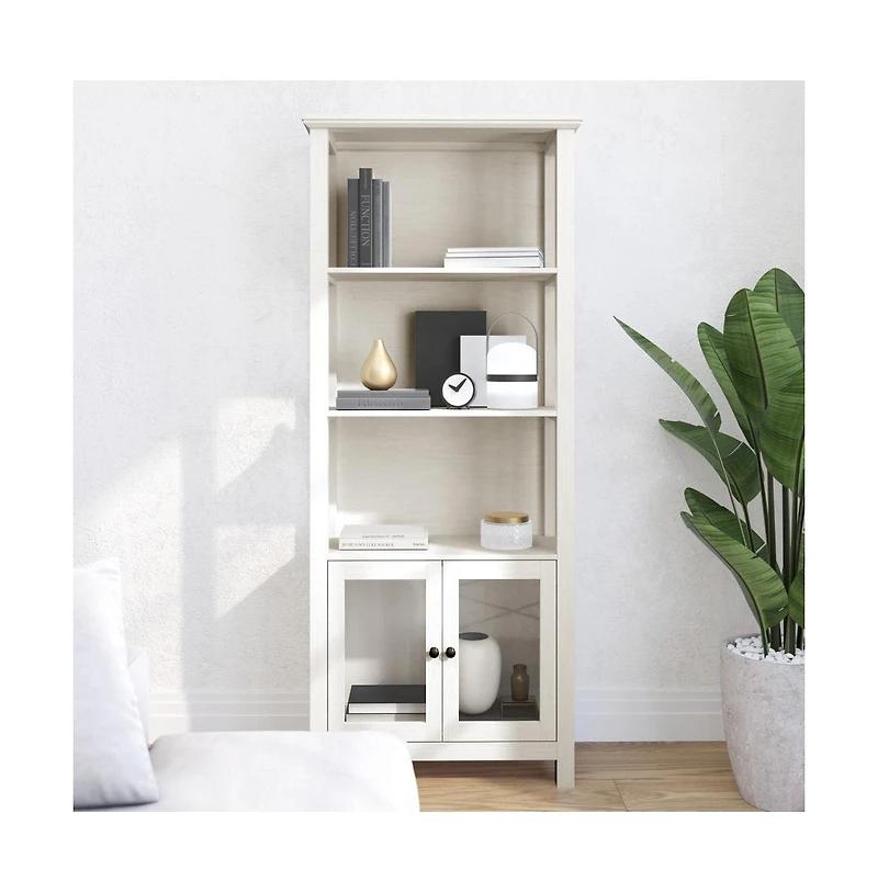 Omaha Modern Farmhouse Storage Cabinet Bookcase, Glass Doors And Open Shelves