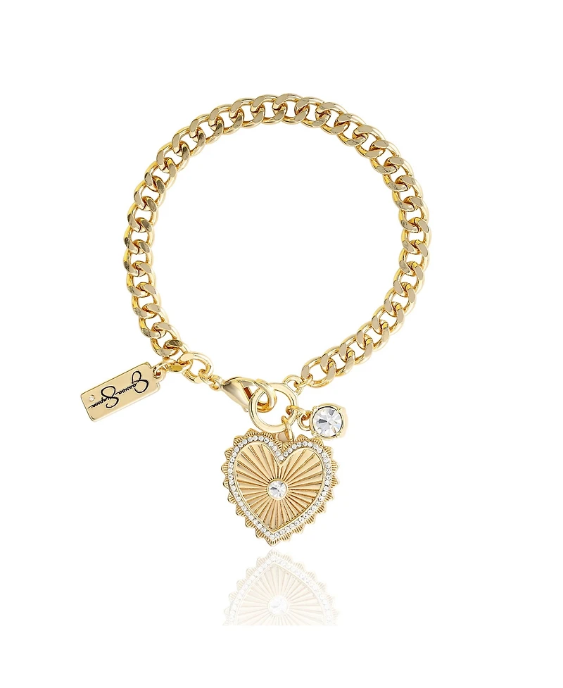 Jessica Simpson Womens Heart Charm Bracelet - Gold-Tone Charm Bracelet with Rhinestone Embellishments