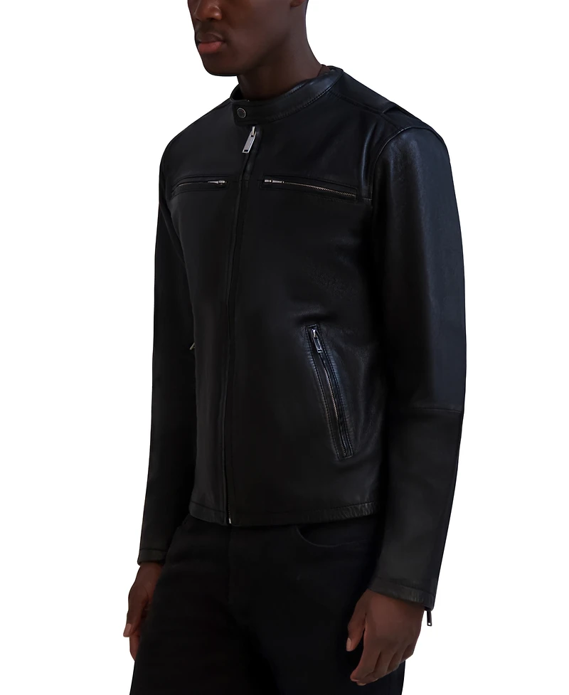 Karl Lagerfeld Men's Band-Collar Distressed Leather Jacket