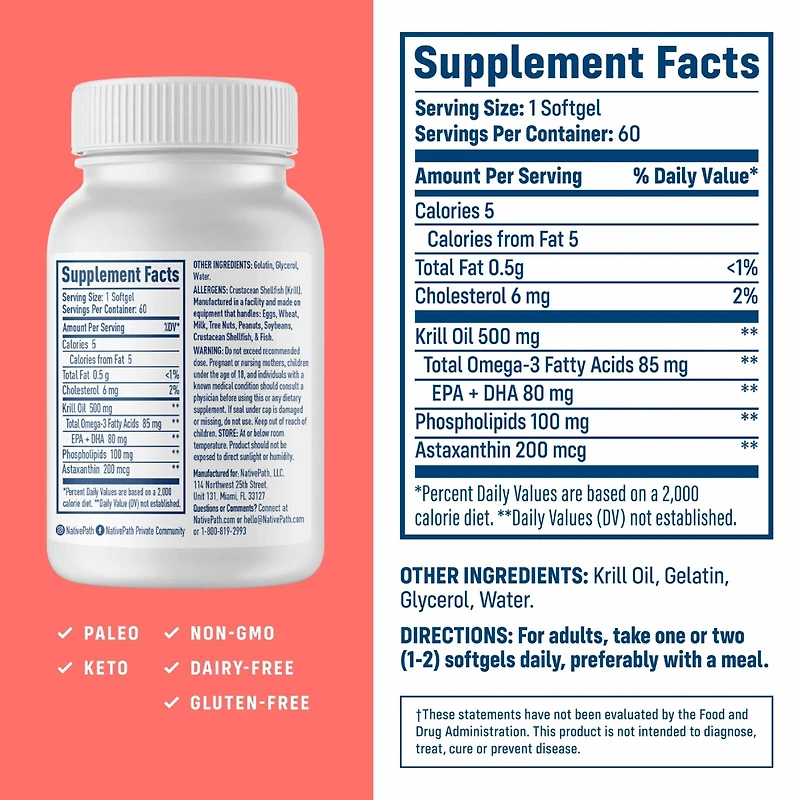 NativePath Antarctic Krill Oil - Wild-Caught Omega 3 Krill Oil 500mg Softgels with Epa, Dha and Astaxanthin - 60 ct