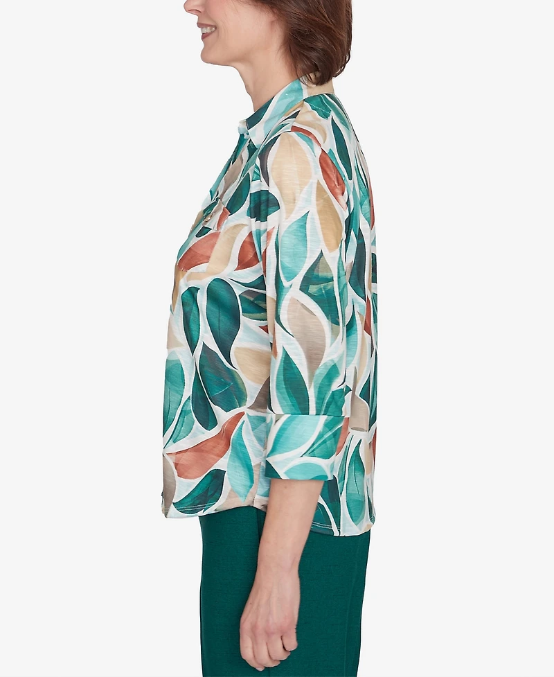 Alfred Dunner Women's Emerald Isle Abstract Leaf Top with Bell Sleeves