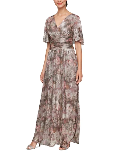 Sl Fashions Women's V-Neck Metallic A-Line Gown