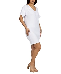 24seven Comfort Apparel Solid Color Loose Fit V Neck T Shirt Style Women's Knee Length Dress