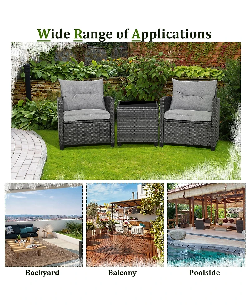 Gymax 3PCS Patio Rattan Sofa Set Outdoor Wicker Conversation Set Glass Tabletop w/ Grey Cushion