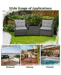 Gymax 3PCS Patio Rattan Sofa Set Outdoor Wicker Conversation Set Glass Tabletop w/ Grey Cushion