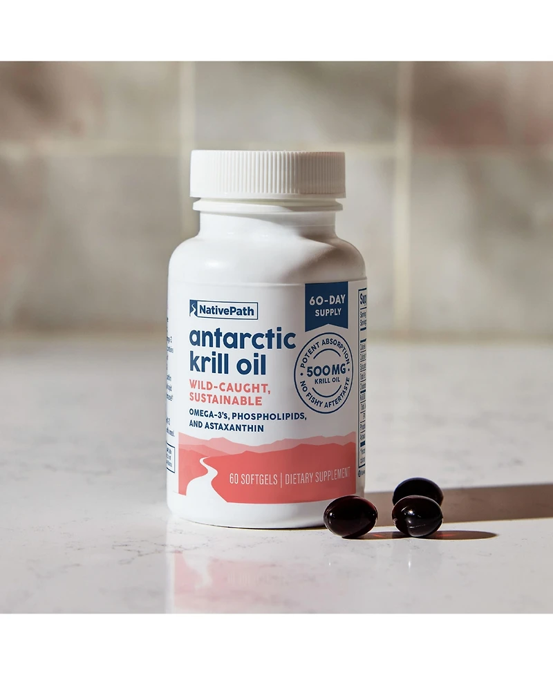 NativePath Antarctic Krill Oil - Wild-Caught Omega 3 Krill Oil 500mg Softgels with Epa, Dha and Astaxanthin - 60 ct