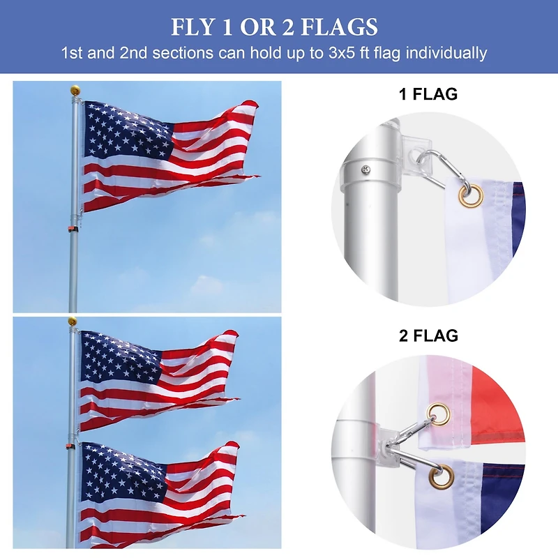 Yescom 20' Telescopic Aluminum Flag Pole Kit Tire Mount Stand w/ Gold Ball Finial Outdoor