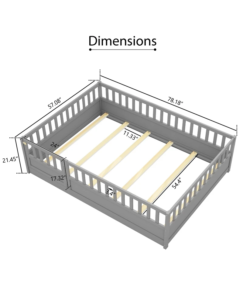 Simplie Fun Full size Floor bed, integral construction with super high security barrier, door, children's floor bed frame, Montessori wooden children'