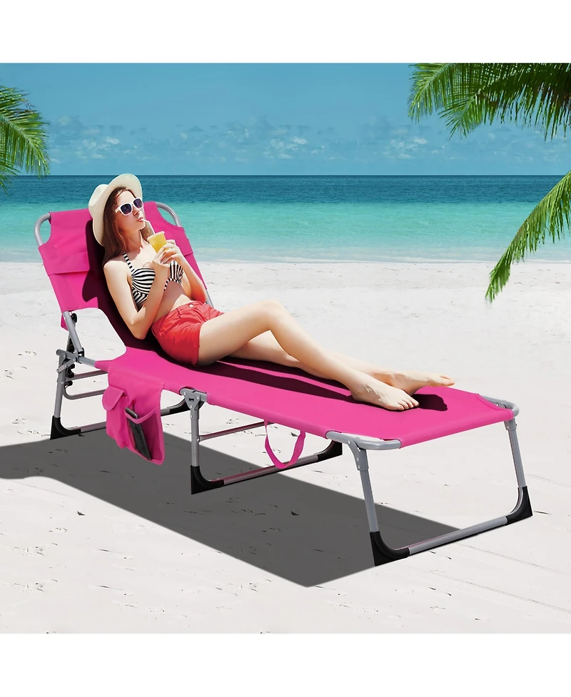 Gymax Set of 2 Beach Chaise Lounge Chair Folding Reclining w/ Facing Hole Turquoise