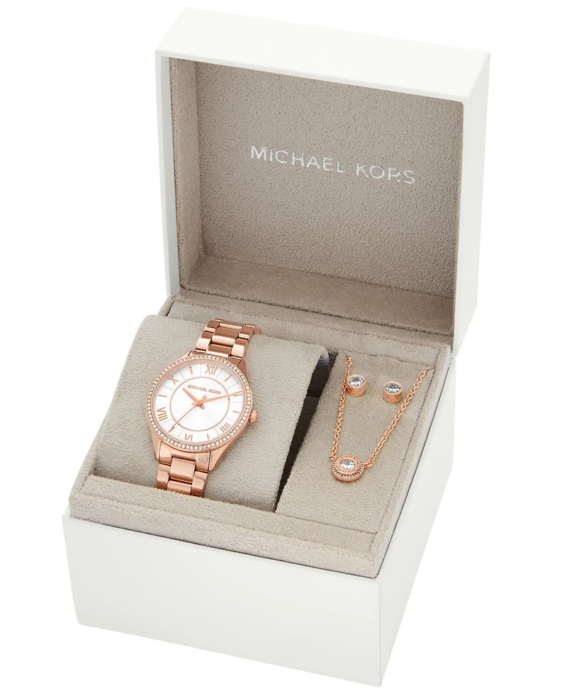 Michael Kors Women's Lauryn Three-Hand Rose Gold-Tone Stainless Steel Watch, Earrings and Necklace Gift Set 33mm