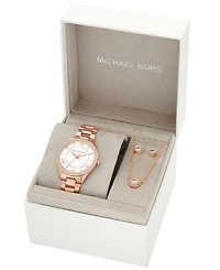 Michael Kors Women's Lauryn Three-Hand Rose Gold-Tone Stainless Steel Watch, Earrings and Necklace Gift Set 33mm
