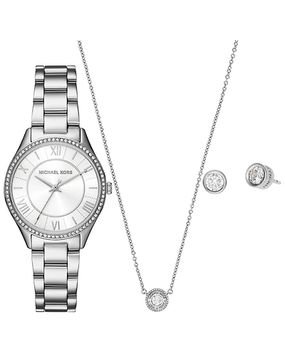 Michael Kors Women's Lauryn Three-Hand Stainless Steel Watch, Earrings and Necklace Gift Set 33mm