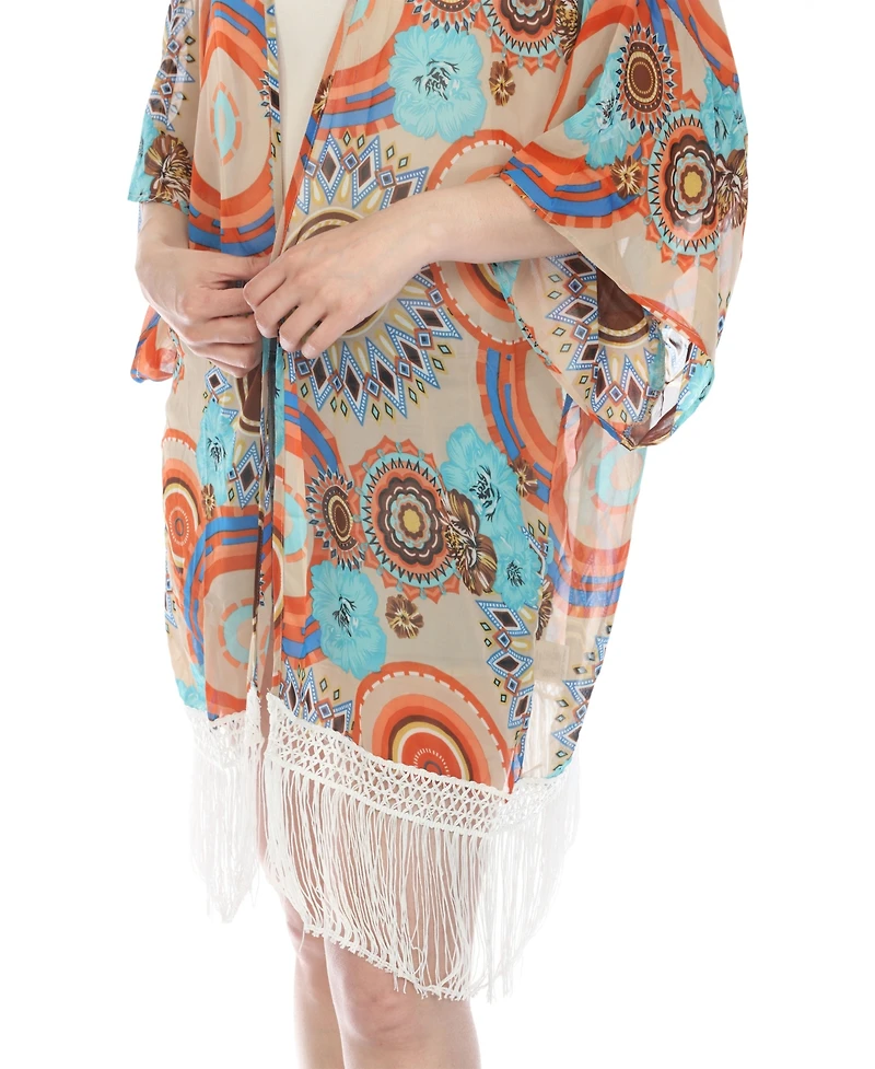 White Mark Women's Sheer Fringe Kimono