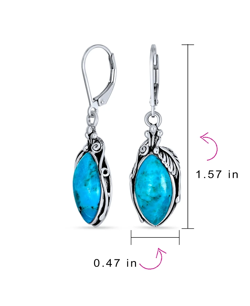 Bling Jewelry Style Natural Stabilized Blue Turquoise Marquise Shaped Leaf Feather Dangle Earrings Lever back Oxidized Sterling Silver